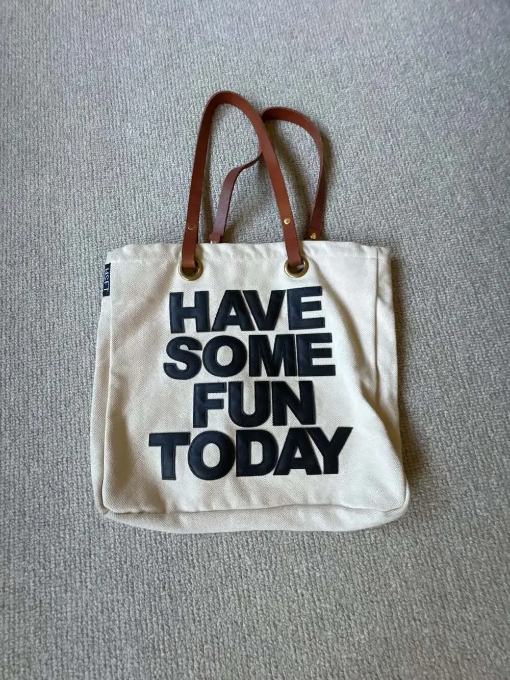 HSFT Have Some Fun Today Canvas Tote Bag with Leather Straps